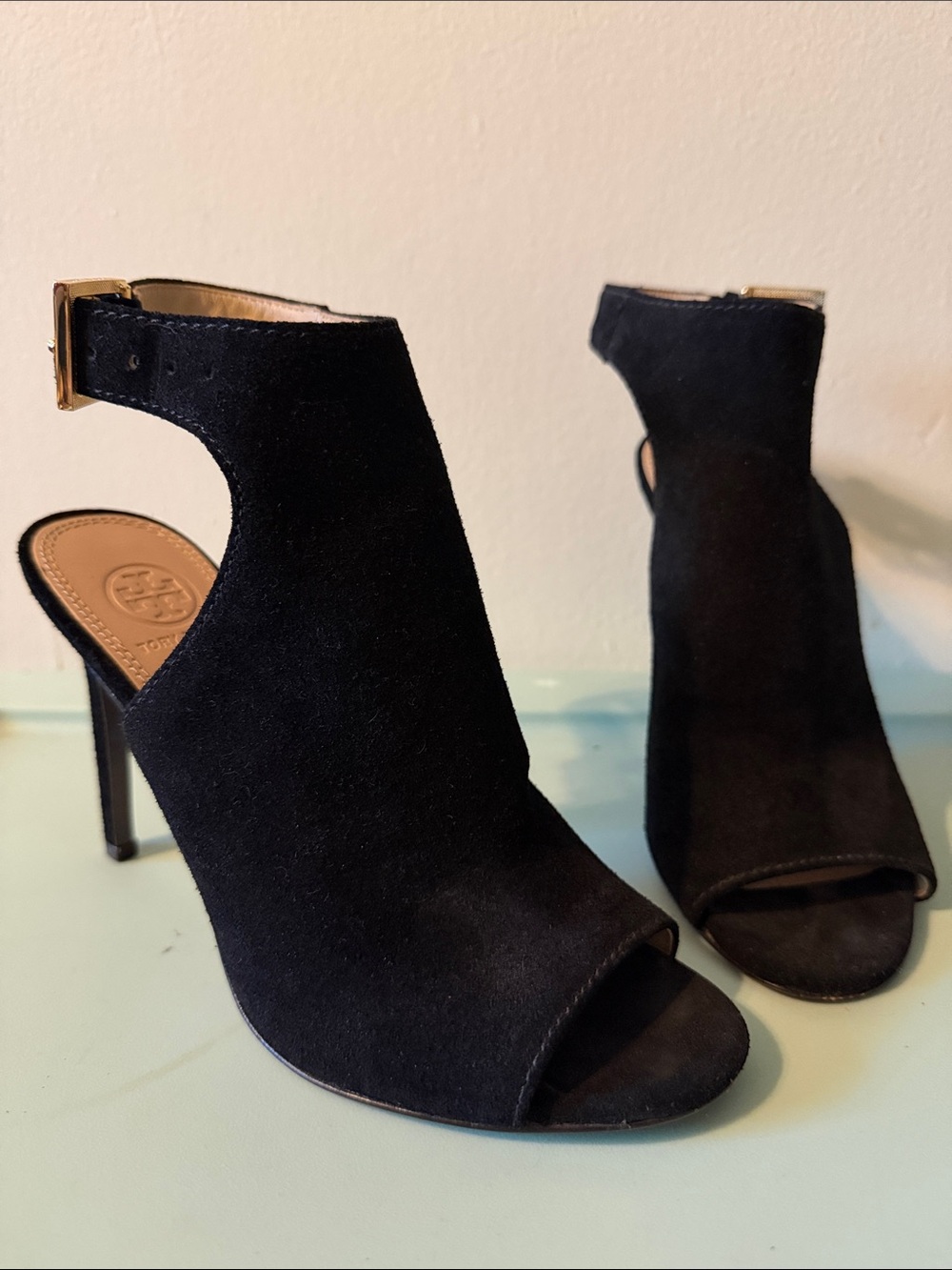 Tory Burch Black Suede Open-Toe Ankle Booties with Gold Buckle